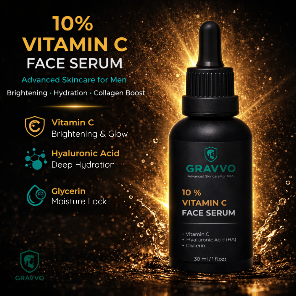 Gravvo 10% Vitamin C face serum bottle highlighting brightening and glow benefits