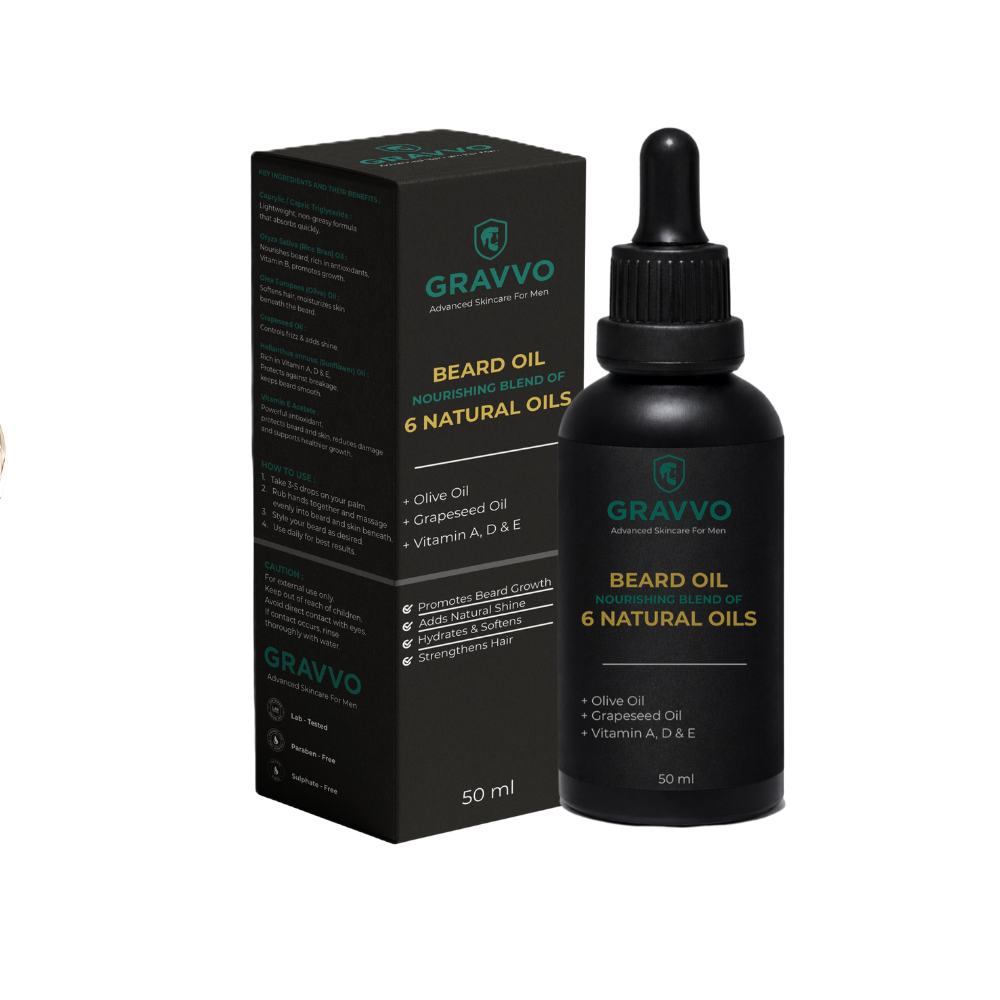 Gravvo Beard Oil Bottle with Box Gravvo beard oil bottle with outer box packaging on white background