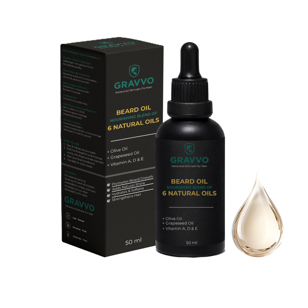 Gravvo beard oil bottle with outer box and oil drop on white background