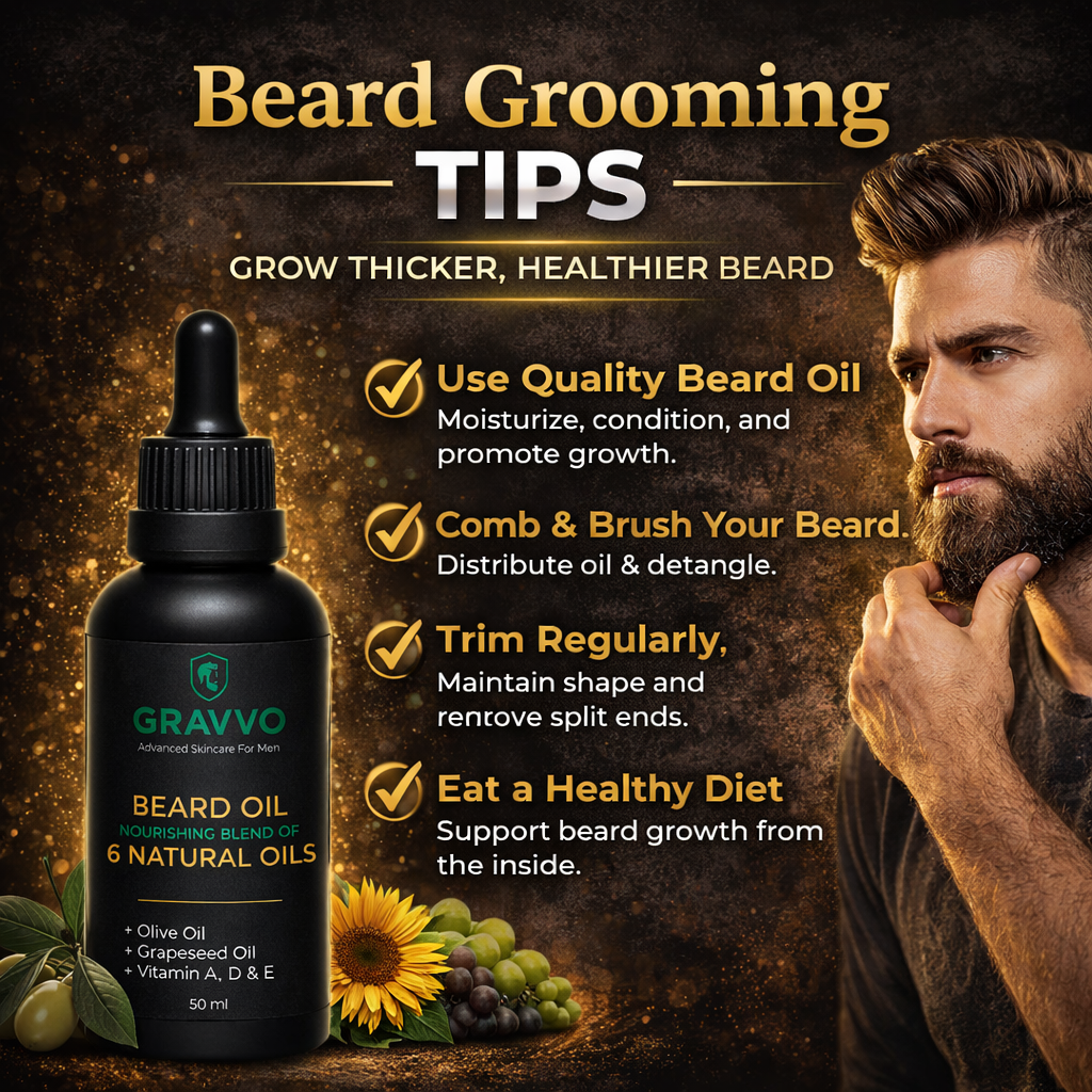 Beard Grooming Tips for a Healthier Beard – Gravvo Beard grooming tips graphic showing a male model and Gravvo beard oil bottle
