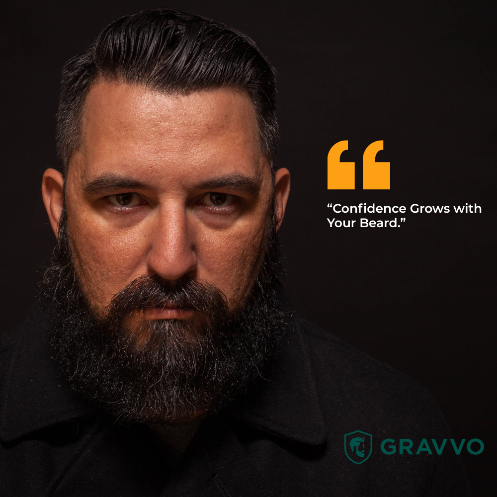 Confidence Grows with Your Beard – Gravvo Men’s Grooming Male model with a full beard representing confidence and men’s grooming style