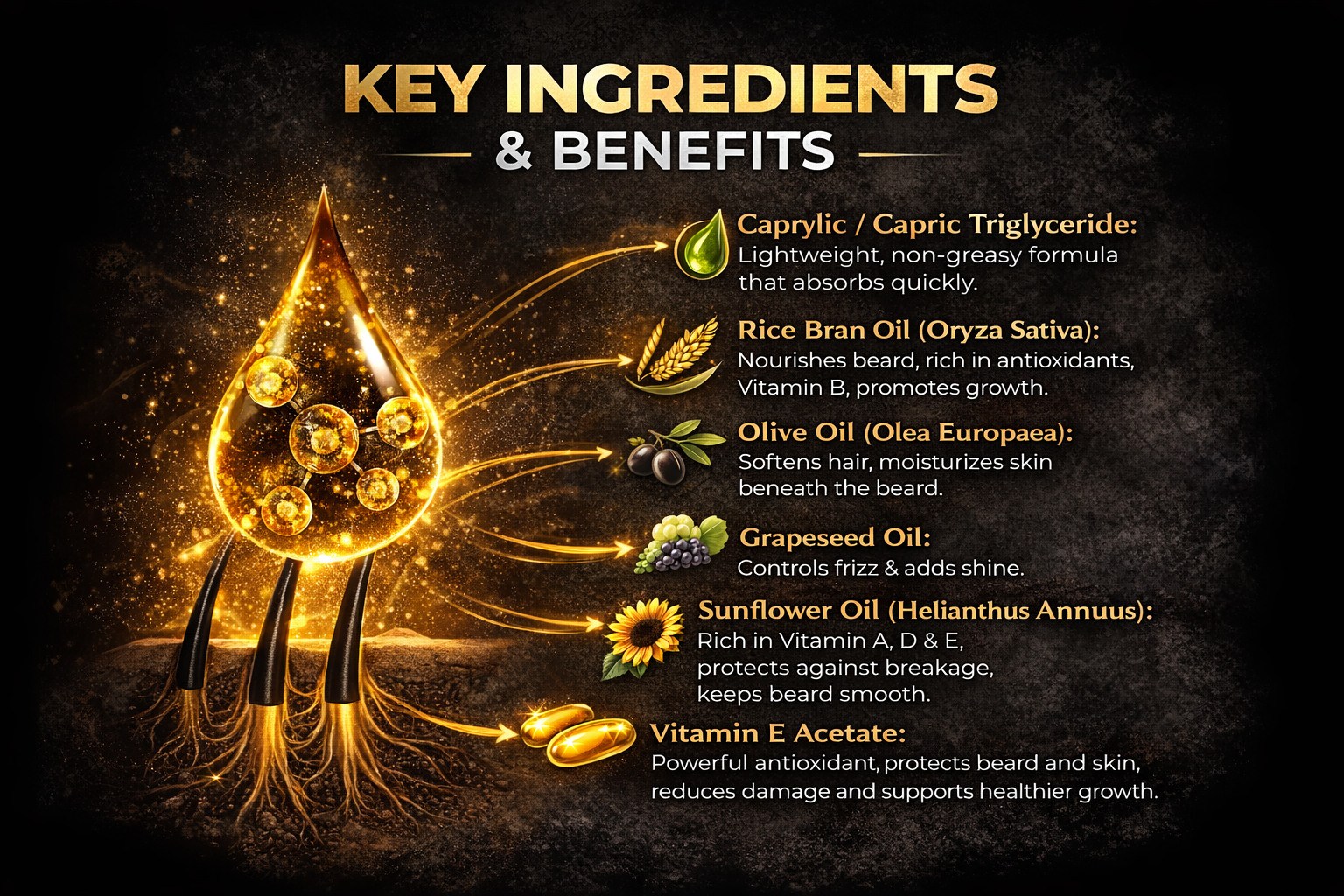 Gravvo Beard Oil Key Ingredients & Benefits Infographic showing key ingredients and benefits of Gravvo beard oil