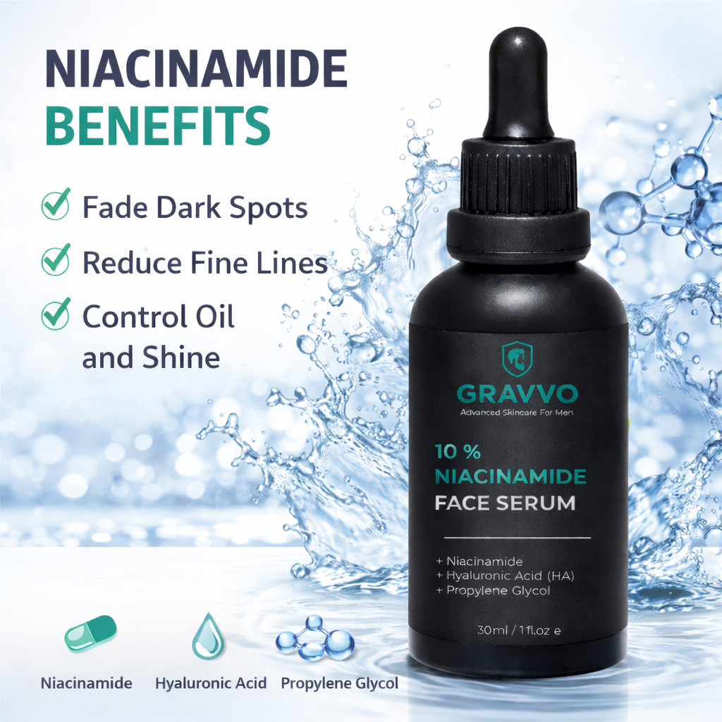 Gravvo Niacinamide Face Serum is designed to help reduce acne, control excess oil, minimize pores and