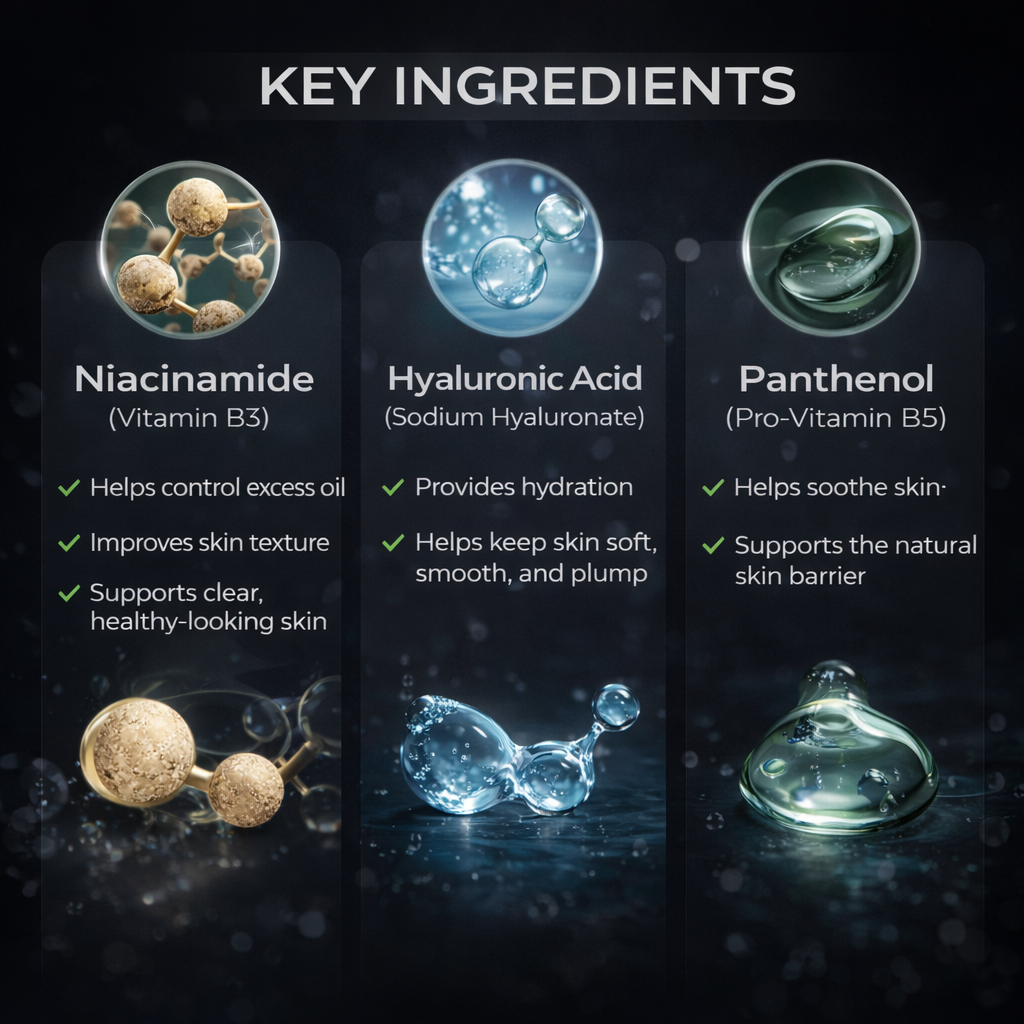 Gravvo Niacinamide face serum key ingredients including niacinamide, hyaluronic acid and panthenol