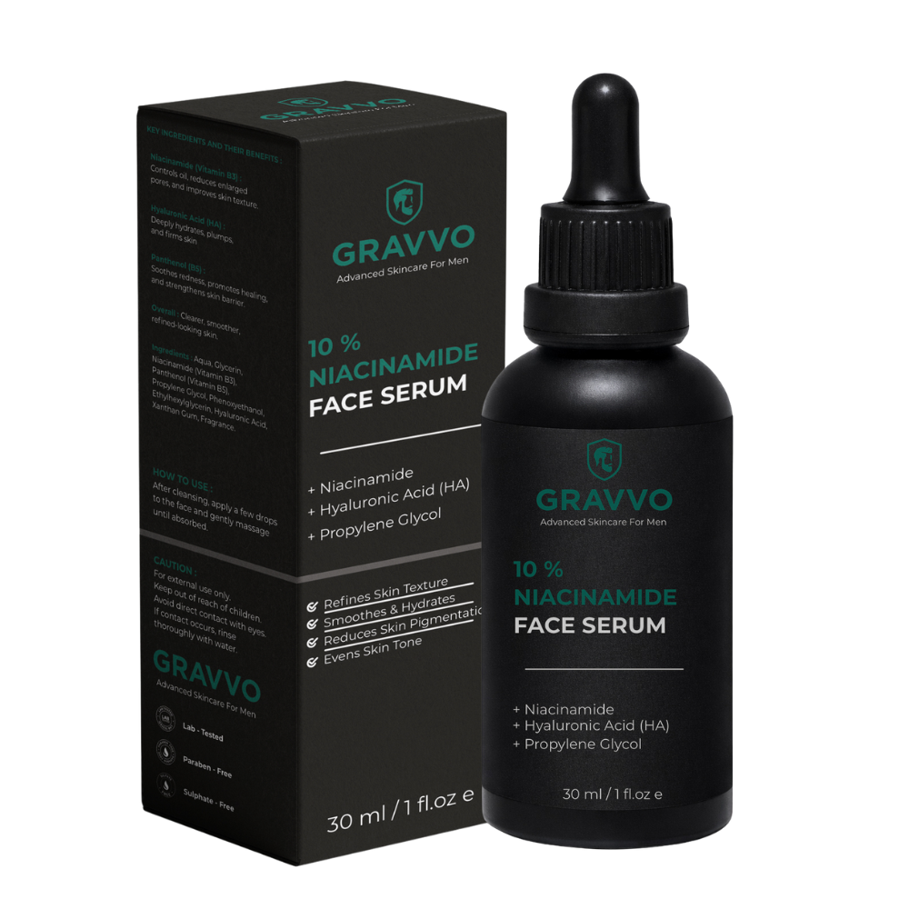Gravvo 10% Niacinamide face serum bottle with outer box packaging