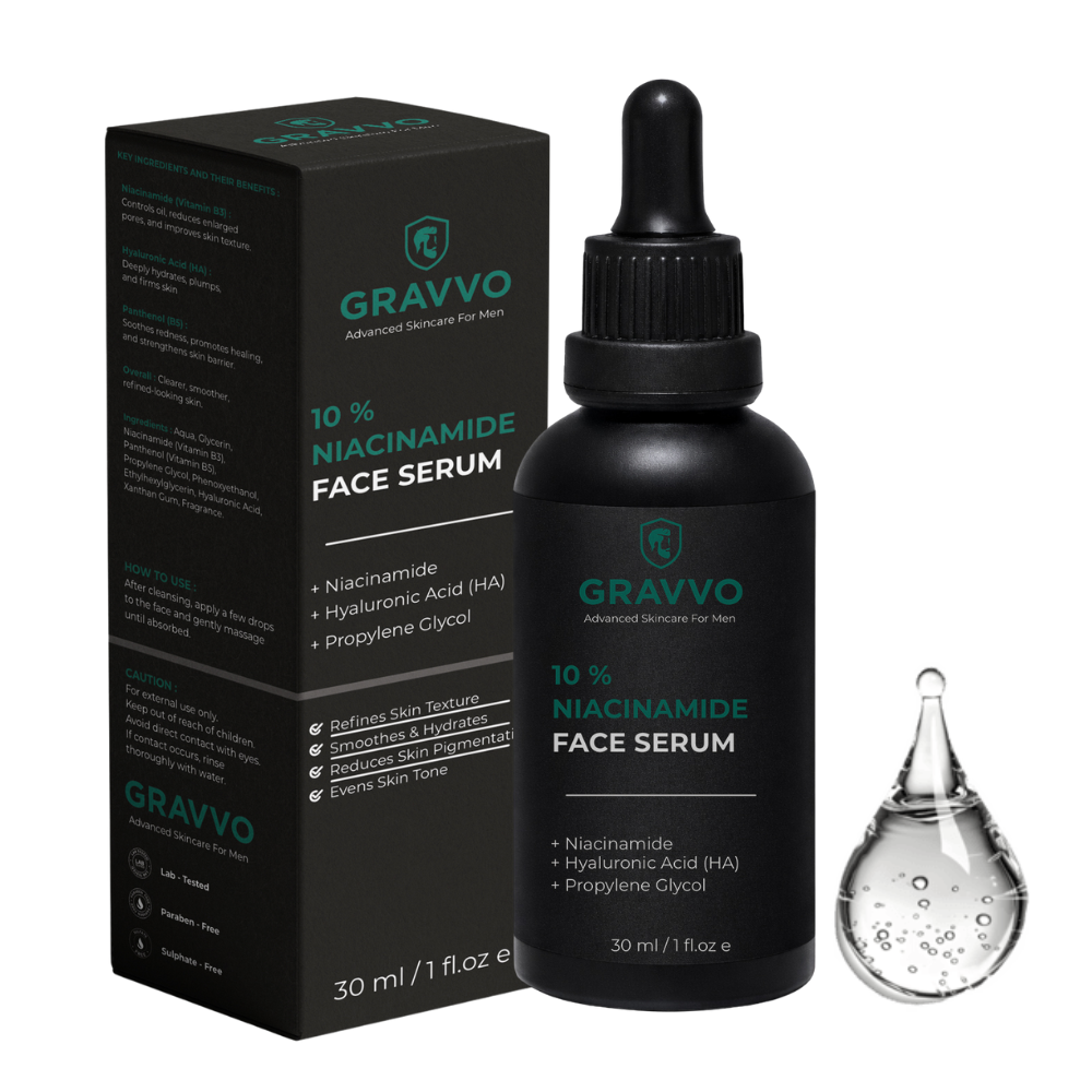 Gravvo Niacinamide serum packaging showing ingredients and skincare benefits