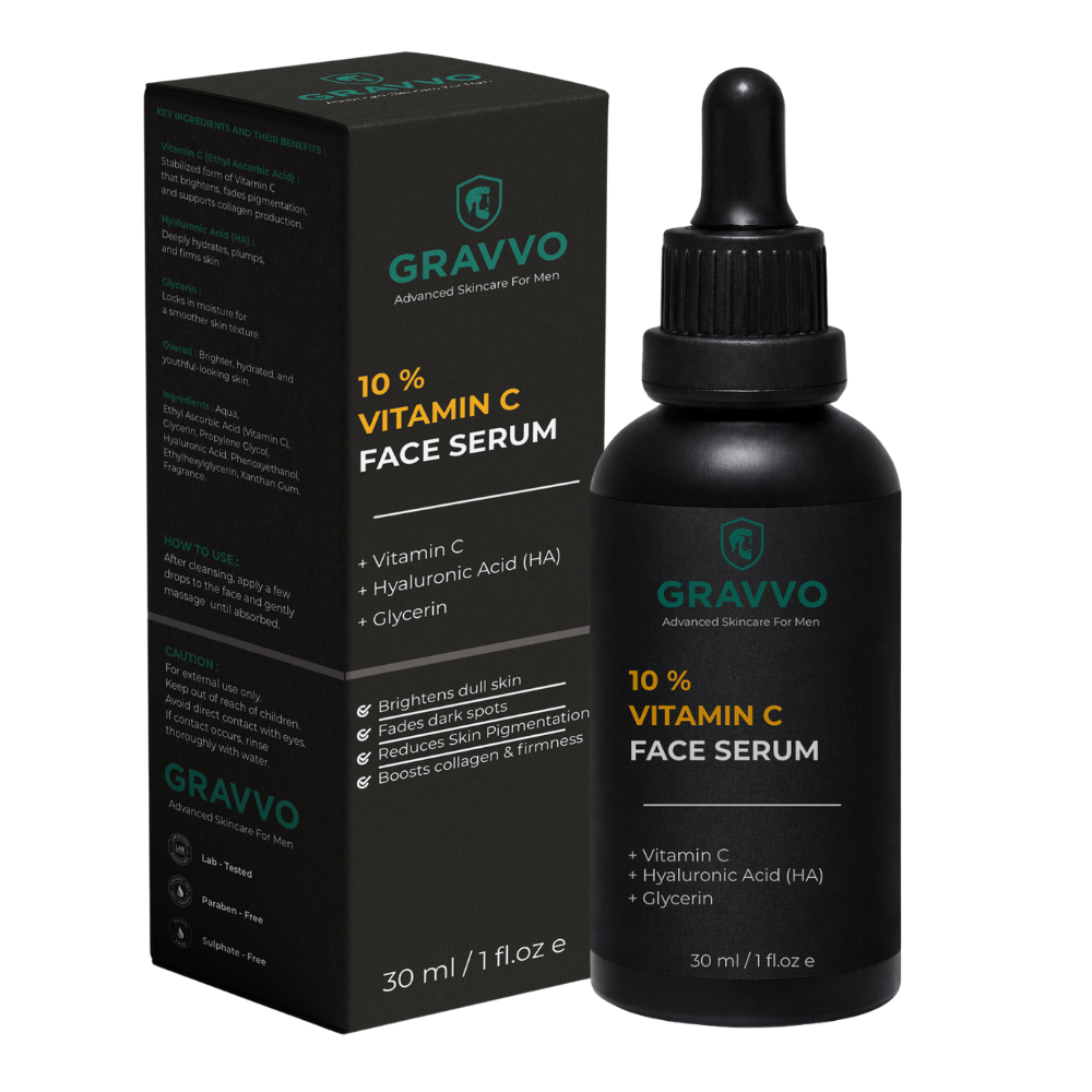 Gravvo 10% Vitamin C face serum bottle with outer box packaging